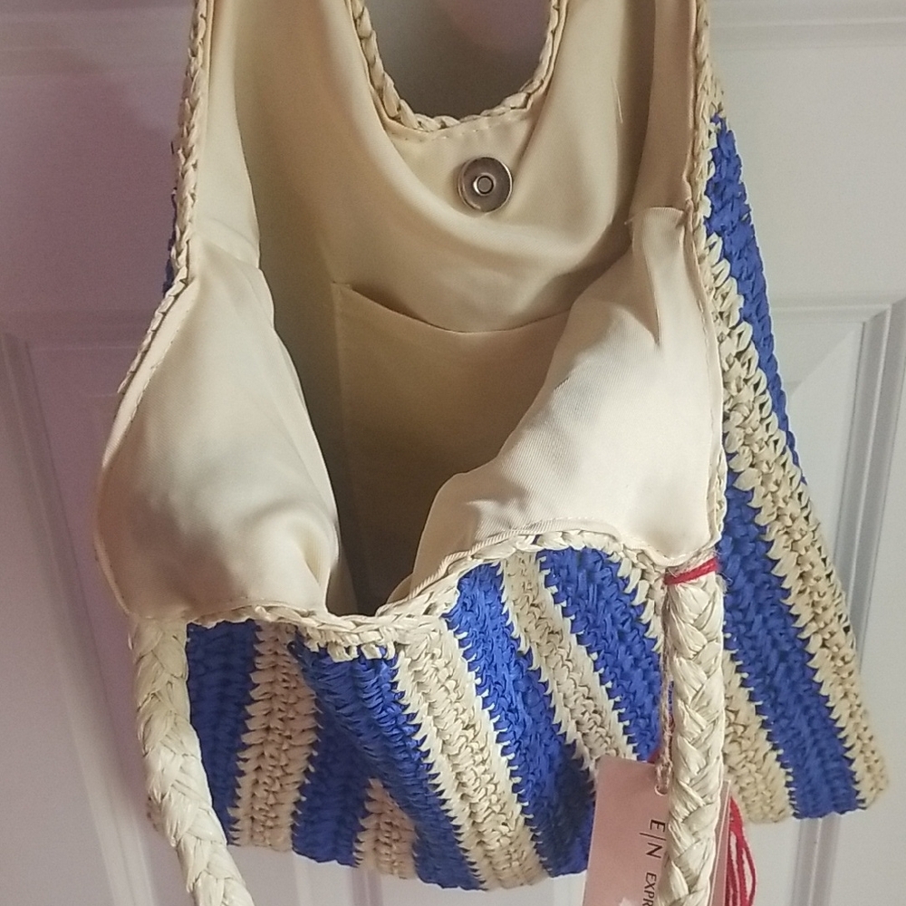 Expressions Royal Blue and Beige Striped Tote With Red Tassel NWT - Picture 9 of 13